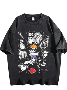 .Naruto Akatsuki Members Graphic T-Shirt, Vintage Washed Distressed Oversized Anime Tee, Retro Red Cloud Ninja Villain Streetwear Top for Men Women, Anime Lover & Naruto Fan Gift Shirt.trendy t-shirts