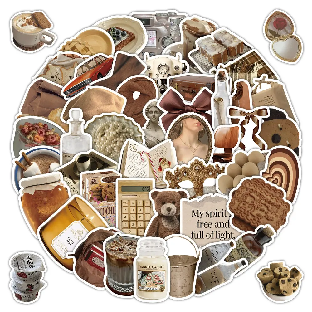 54 Sheets Chic Brown INS Aesthetic Stickers - Decorative Labels for Stationery & Gift Wrapping Decoration, Scrapbook Accessory