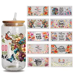 10 Sheets UV DTF Cup Wrap - Christian flower cross UV DTF Cup Wraps for 16 oz Flowers UV DTF Decals Waterproof Stickers for Glass/Ceramics/Cups DIY Wood Crafts