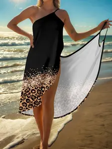 Sexy Multi-Style Beach Cover-Up Dress, Leopard Print, Single Shoulder, Wrap Style, Summer Vacation, Swimsuit Cover Ups, Swimwear Cover Up
