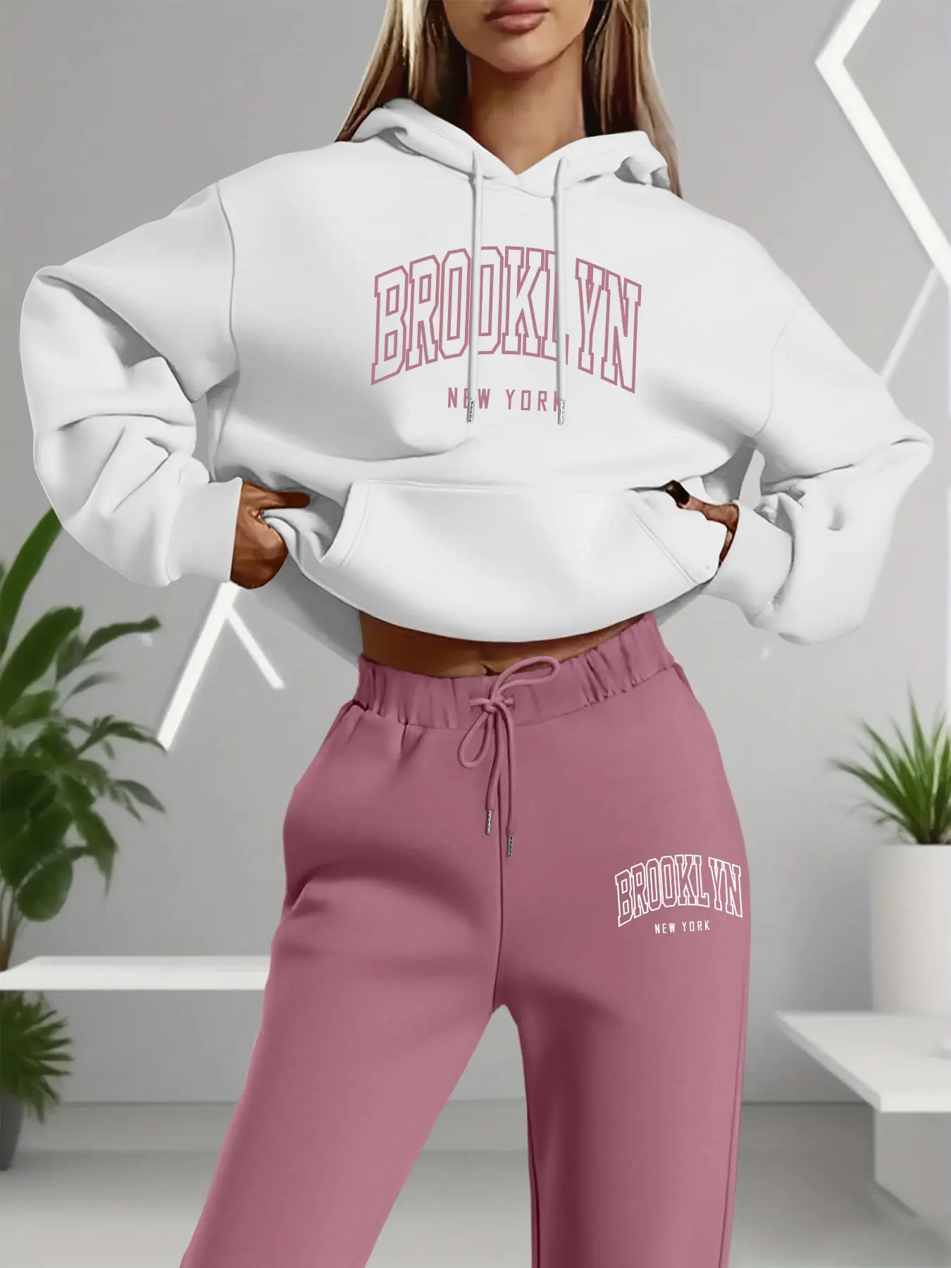 Brooklyn City Letter Printed Thin Fashion Long Sleeve Hoodie with Pockets + Colorful Pants Set, Women's Two-Piece Tracksuit Suit