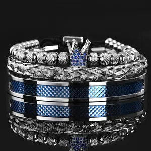Luxury Handmade Men's Crown Bracelet Color-Block Hemp Rope Buckle Open Stainless Steel Micro-Inlaid Crystal Stone CZ Jewelry New Year Gift Valentine's Day Gift