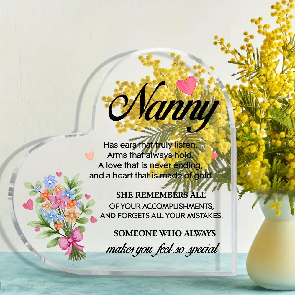 Nanny Love Sign Acrylic Desktop Decorative Plaque - Retro style Nanny Gift with Heart Shaped Design, "Nanny" Text, and Flower Decoration, Perfect for Birthday or Thanksgiving, Nanny Gift