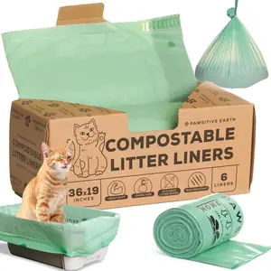 Cat Litter Box Liners 100% Compostable Drawstring Close 6 Count Jumbo Size 36" x 19" Tear & Leak Resistant OK Compost Home Certified