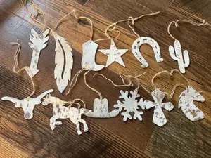 Silver/BROWN ACID WASH Leather Cowhide Christmas Ornament