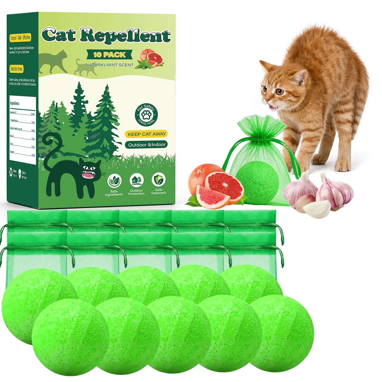 Cat Repellent Outdoor Keep Cats Away, 10 Pack Cat Deterrent 10 | Cat Repellent Balls with Natural Peppermint Oil, Keep Cats Out of Lawn, Garden, Furniture, Mulch