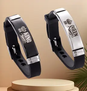 Personalized Couple Bracelet for Him Her 15MM Silicone Rubber Polish Stainless Steel ID Adjustable Bracelet Outdoor Sport Wristbands for Boyfriend Girlfriend,Friendship Gift for Best Friend