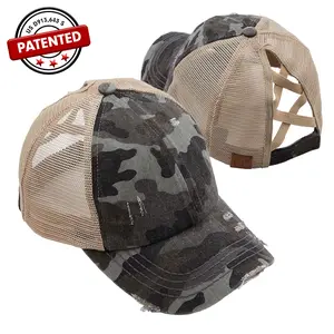 C.C Criss-Cross Ponytail Cap Washed Cotton Twill Camouflage in Mesh Elastic Band for Women Distressed Camo Baseball Mesh Hat Casual Hat