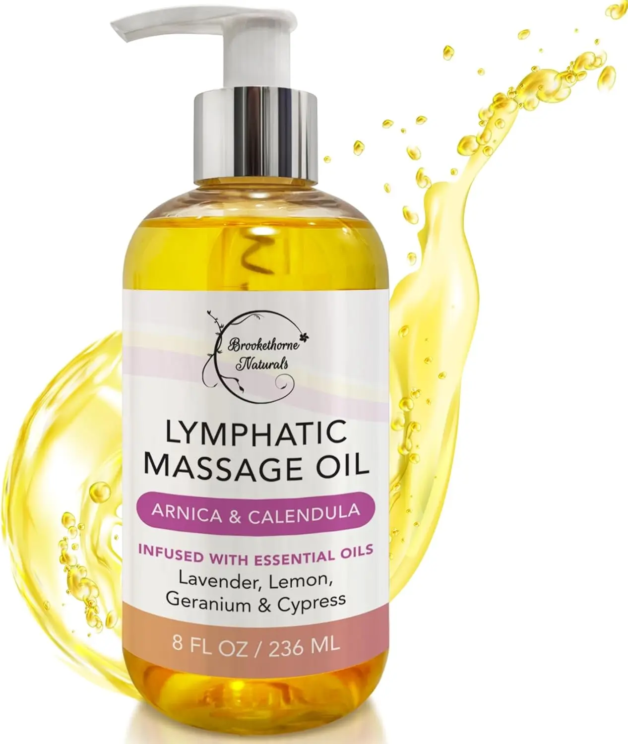 Brookethorne Naturals Lymphatic Massage Oil, Smooth Body Care Therapy Oil with Premium Arnica & Lavender - Calming for Post Surgery Recovery, Detox, Sensitive Skin - 8oz, Blend