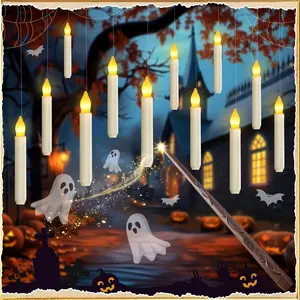 Floating Candle with Wand Remote, 12 Pcs Magical Candlesticks Witch Decors, Warm Yellow Flameless Taper Candles Battery Operated, LED Window Candle for Halloween Party Decor Ornaments Decoration christmas decor Timer