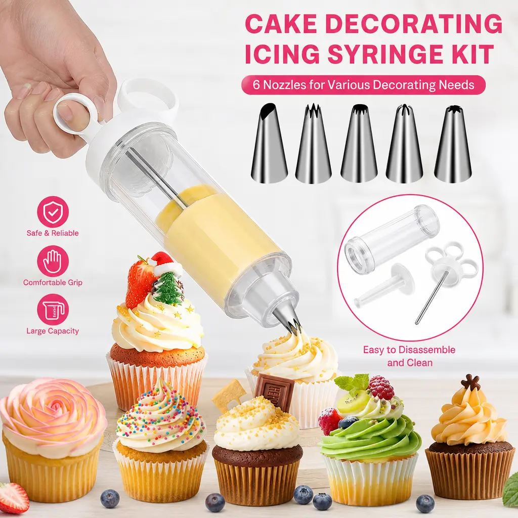 BPA-Free Kitchen Bakeware Cake Decorating Gun & Cupcake Icing Set - 6 Stainless Steel Piping Tips, 1-Handed Plunger, Precision Needle Nozzle Cookie Press, Easy to Disassemble Clean for Happy Birthday, Homemade Treats, All Ages Gifting
