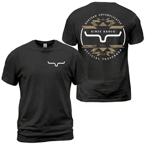 180g[100%cotton]Kimes Ranch Western Aztec T-Shirt, Aztec Horn Logo Graphic Tee, Kimes Ranch Front Chest Emblem With Official Trademark Back Print, Cowboy Ranch Casual Outfit, Soft Cotton Tee Gift For Men and Women