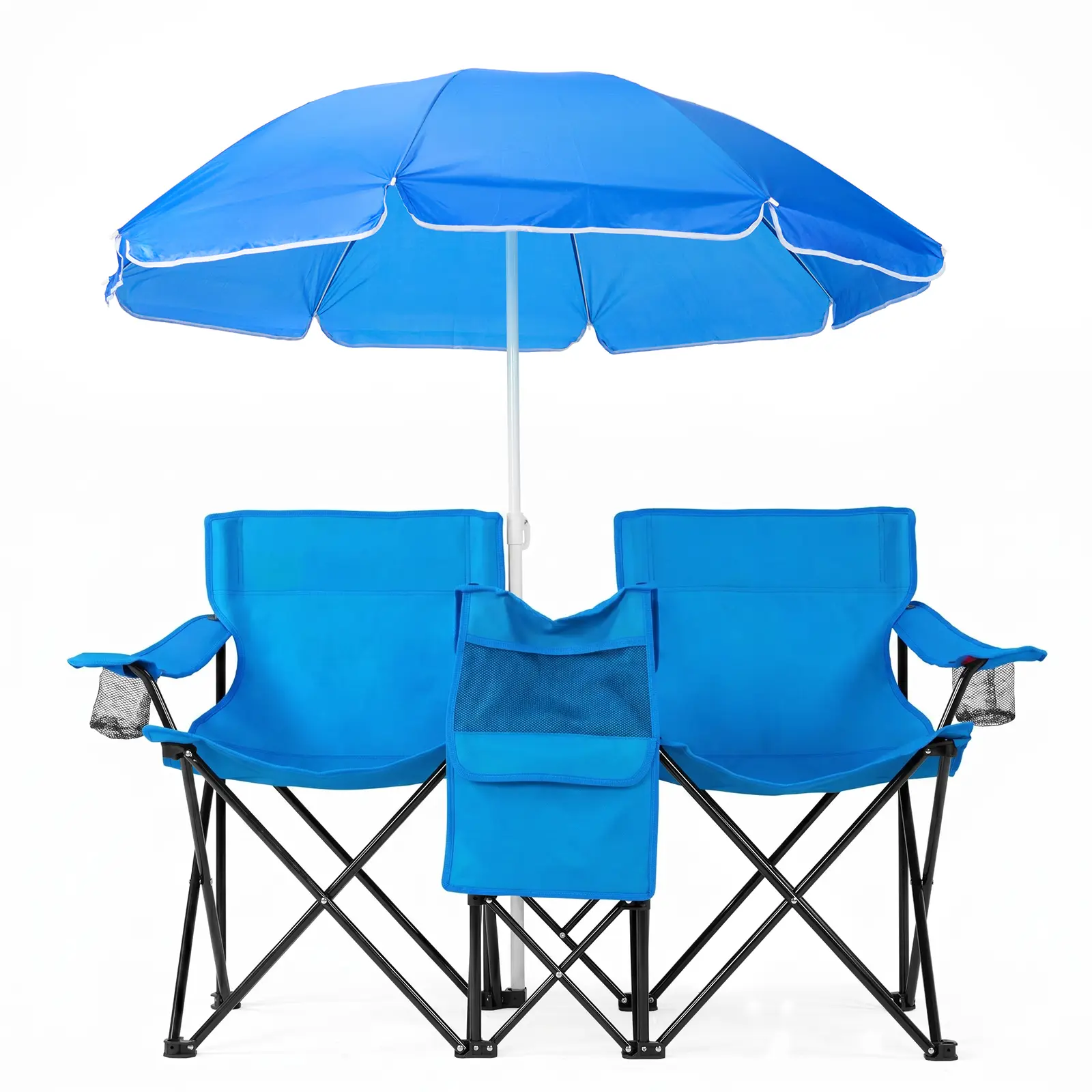 XL 2-Person Double Folding Beach Chair, 529lbs Heavy-Duty Iron Frame, Included Umbrella, Cooler Bag, Royal Blue Outdoor Camping Furniture