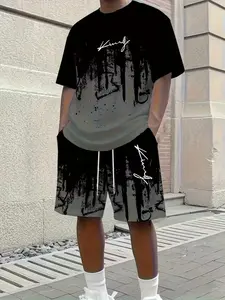 Men's Casual Short Sleeve Round Neck T-Shirt and Shorts Matching Set, Menswear, Bold 'king' Graphic Design, Drawstring Elastic Waist for Outdoor Comfort, Breathable Outfit, Print, T Shirts Set