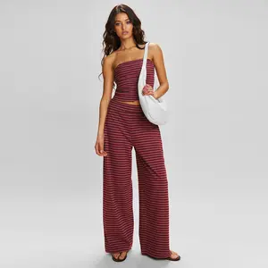 Katch Me Cozy Women's Chic Color Matching Stripe Slim Tube Top & Low-Rise Wide Leg Trousers Co-ord, Soft Spring & Summer Holiday Outfits, Comfortable Womenswear