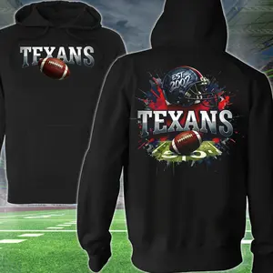 Texans EST 2002 Football 2 Sided Hoodie, Football Player Sweatshirt, Sports Apparel, Red & Titan Helmet Pullover Classic T-shirt, Graphic Printed Streetwear Top, 100% Cotton, Gift For Fans