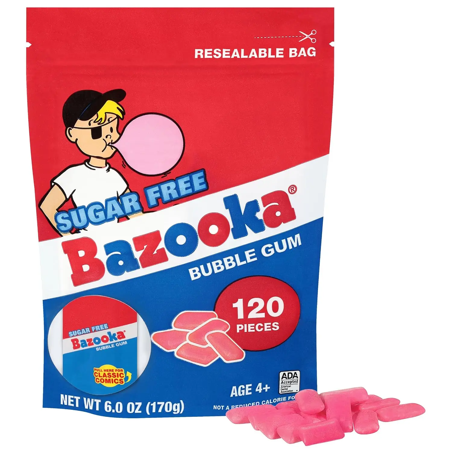 Bazooka Bubble Gum Sugar-Free Chewing Gum Pellets | Bulk Gum in Resealable Bag, 120 Ct in Original Pink Flavor, Sugar Free Bulk, Baseball Party Favors, Nostalgic 90s Candy