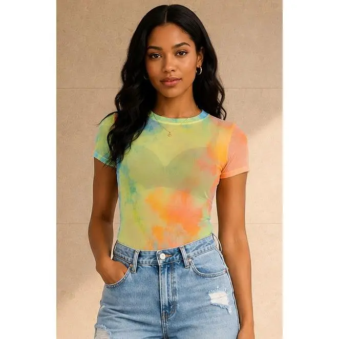 Women's Aesthetic Seamless Cotton Candy Bodysuit Top - Smooth Coral Mesh Sleeves, Flattering Fit, Versatile for Beach, Streetwear, Pairs with Jeans, Denim, Festival Outfits