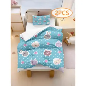 2-piece cartoon duvet cover features round adorable animal images rabbits, bears, cats, sheep, decorated with pink stars. The style is lively and warm, and the overall design is full of childlike fun, making it suitable for children's bedrooms.