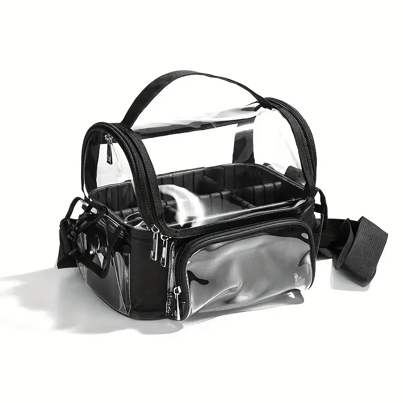 Clear Makeup Organizer Bag with Pockets Transparent Professional Makeup Bag Makeup Travel Makeup Artist Bag with Shoulder Strap and Adjustable Dividers, Black