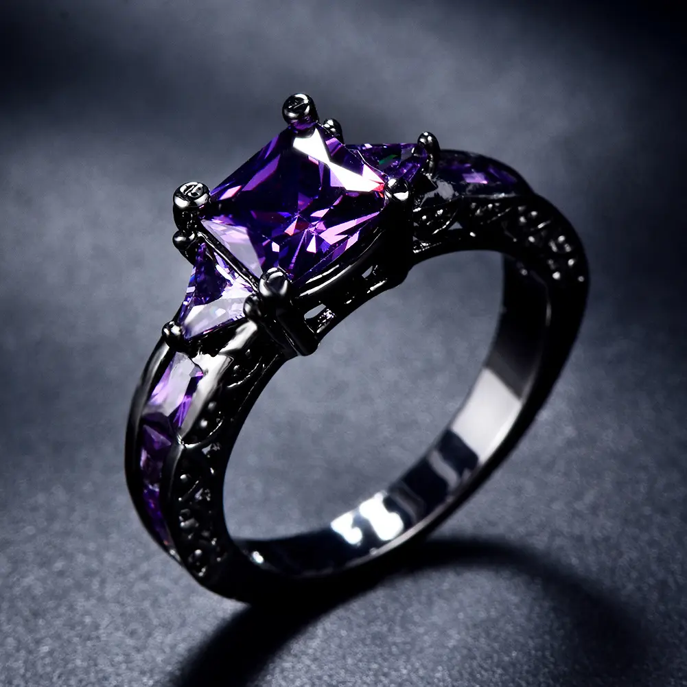 Vintage Black Gold Princess Cut Purple Stone Ring Engagement Wedding Band for Women Bridal Party Daily Jewelry with Personalized Name Pendant Heart Necklace