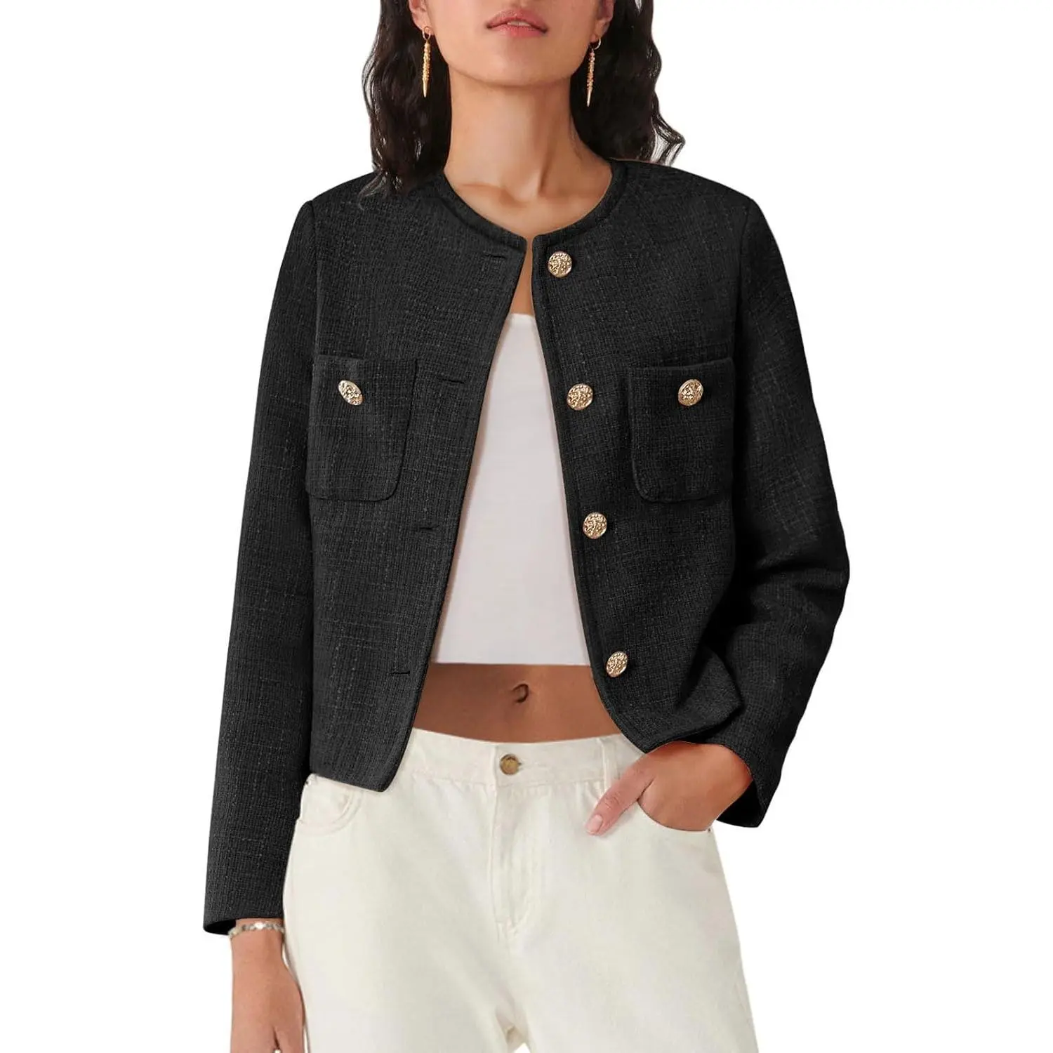 Women's Casual Chic Tweed Blazer, Long Sleeve Button-Down Cropped Polyester Jacket with Pockets, Loose Fit Fall Outerwear, Tweed Texture, Lady, 2 Pockets, Basic, Fashion, Knit, Round Neck, Everyday Wear, Button Front