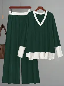 Plus Size Women's Casual Knit Patchwork Set, Elegant Long Sleeve Top & High Waist Pants, Spring & Fall Fashion Style