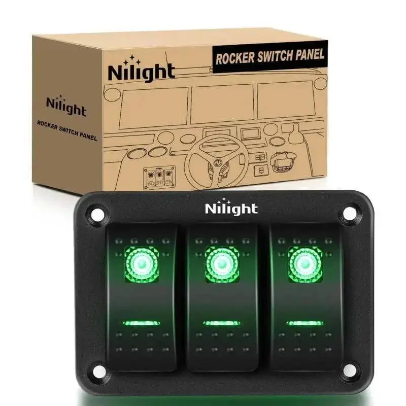 Nilight Backlighted 3-Gang Aluminum 5-Pin Pre-Wired Rocker Switch Panel, Green, Customizable for Boats, Trucks, Universal Electrical On/Off Control