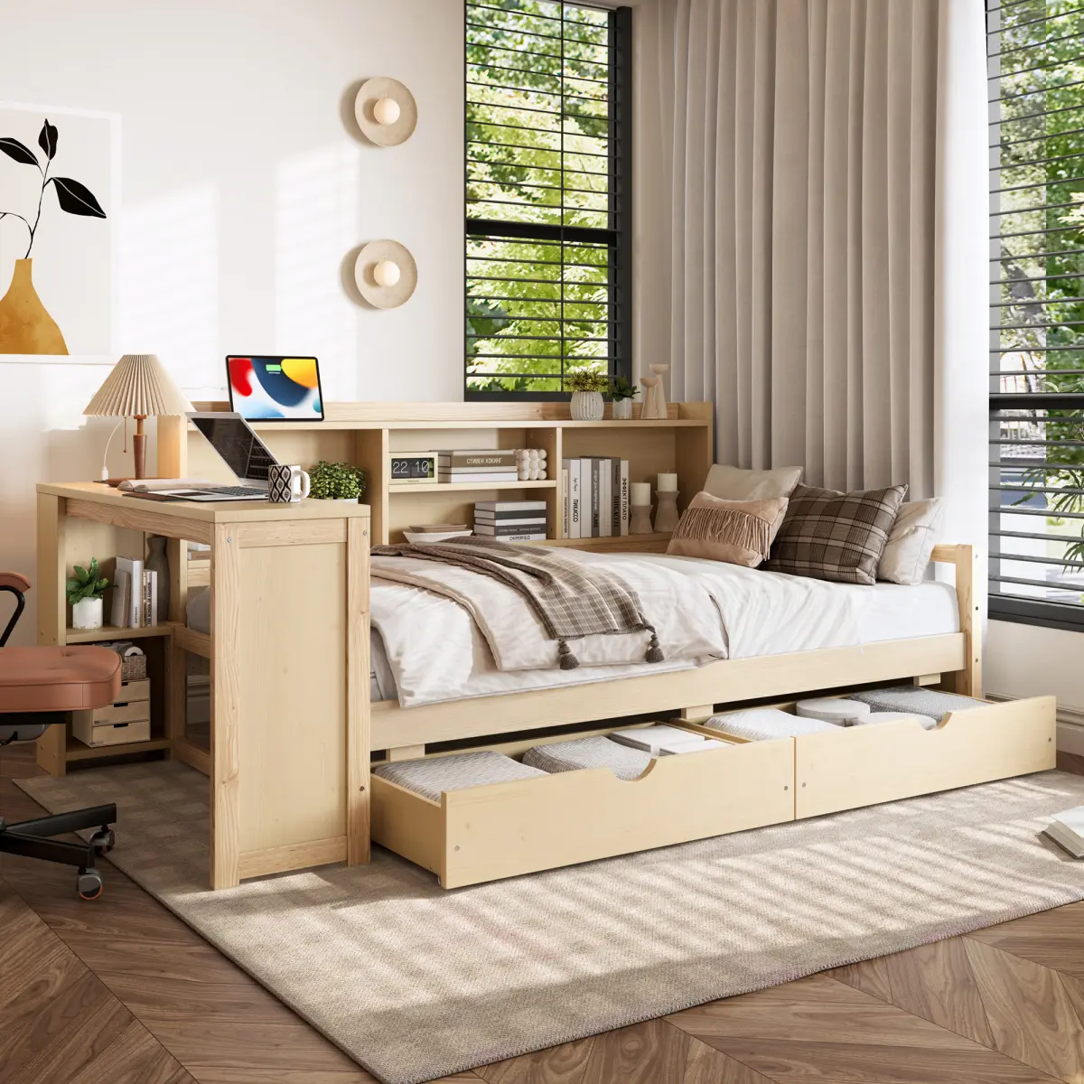 YAOSHANSHAN Modern Twin Size Corner Daybed with Pine Wood Frame, Slats, Storage Drawers, Desk, Charging Port & Bookcase, No Box Spring Needed