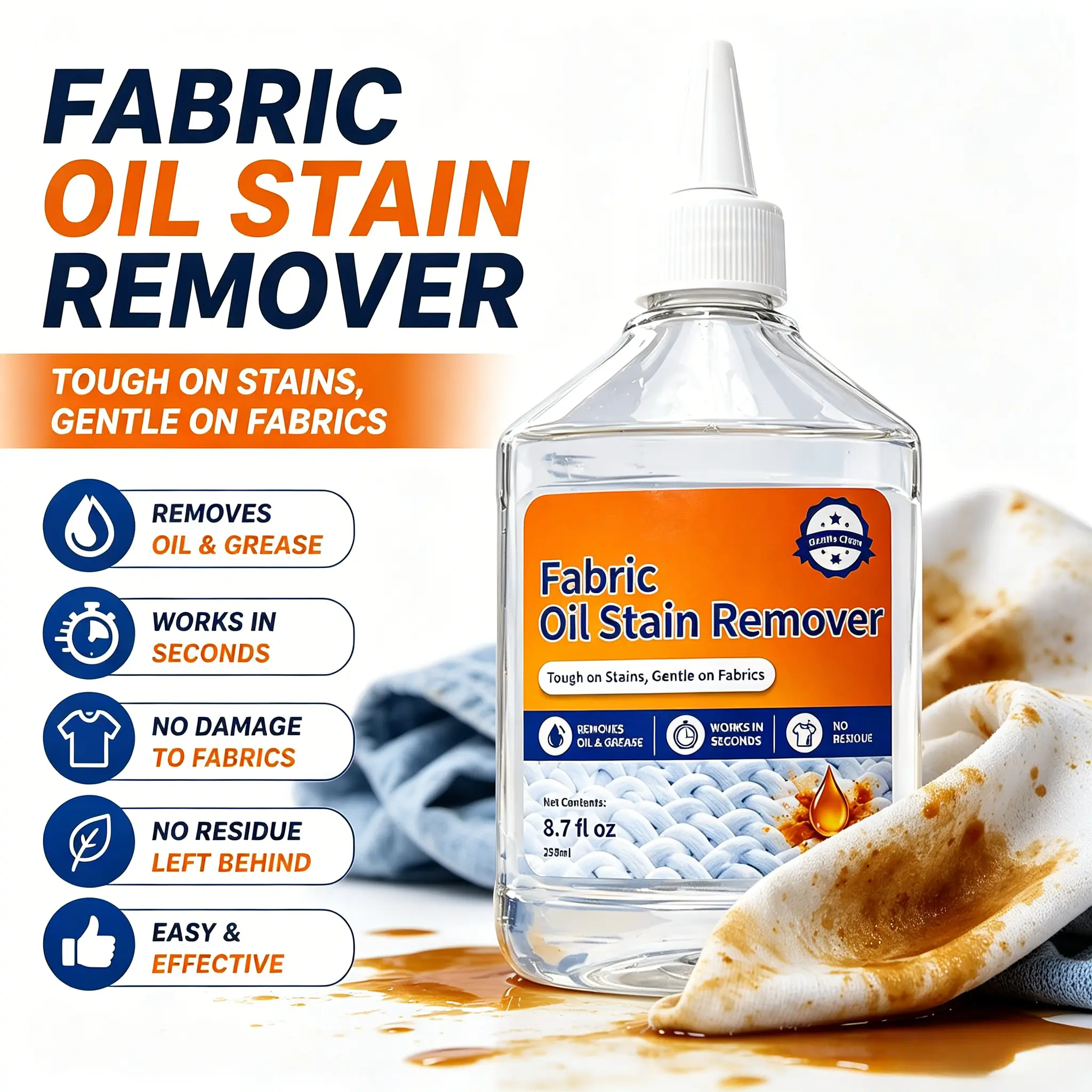 Oil Stain Remover for Clothes, Fast-Acting Fabric Degreaser, Removes Grease & Tough Stains, Gentle on Fabrics, No Residue, 8.7 fl oz