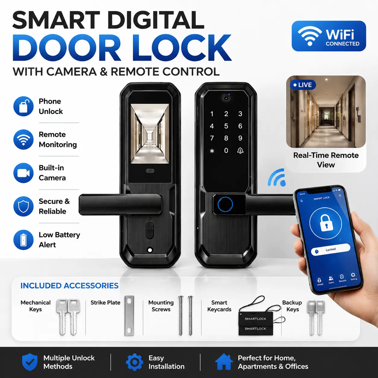 6-in-1 Aluminum Keyless Entry Smart Door Lock with HD Camera, Video Doorbell, Handle Deadbolt, Anti-Peek PIN, Tuya App Remote Access, Rechargeable Batteries, Wi-Fi Connect for US Standard Front Doors, Condos, Condo