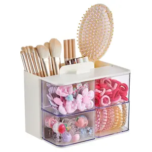 Hair Accessories Organizer with Hair Brush Holder, 4 Drawer Rotatable Hair Tie Organizer for Makeup Brushes, Hair Clips, Earrings, Necklaces, Bracelets and Hair Accessories, White, 2-Layer