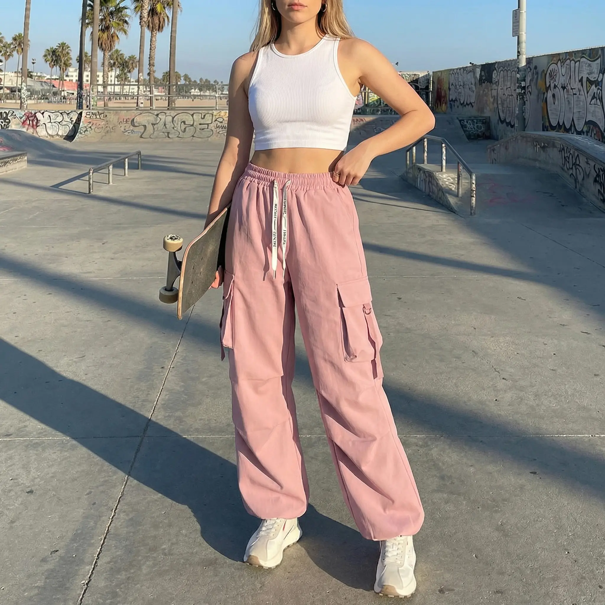 Women's Elastic Thick Cargo Trousers - Lady's Minimalist Basic Bottoms, High-Waisted Loose Wide-Leg Workwear with Pockets, Adjustable Cuffs, Y2K Streetwear, Summer Casual Daily Wear