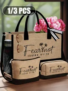 Isaiah 41:10 Bible Verse Three-Piece Tote Bag,Handbag,Zipper Makeup Bag and Small Bag,Unisex Tote Bag Set, Left and Right Side Pockets, Shopping Bag with Shoulder Strap,Multifunctional Storage Bag,Multi-function Shoulder Bag,Fashionable Travel Storage Bag