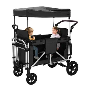 2-Seater Stroller Wagon for Kids Foldable Utility Wagon with Removable Canopy All Terrain Tires Adjustable Push Pull Handle and Storage Bag Collapsible Baby Stroller Black