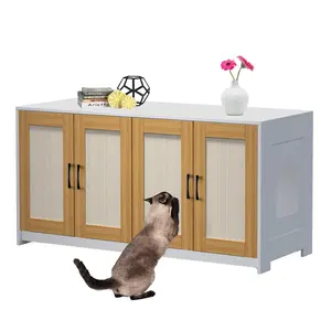 Double Room Litter Box Enclosure for 2 Cats, 47.2″ Large Wood Hidden Litter Box Furniture for 2 Boxes with Sisal Doors & Sliding Drawers – Indoor Cat House TV Stand