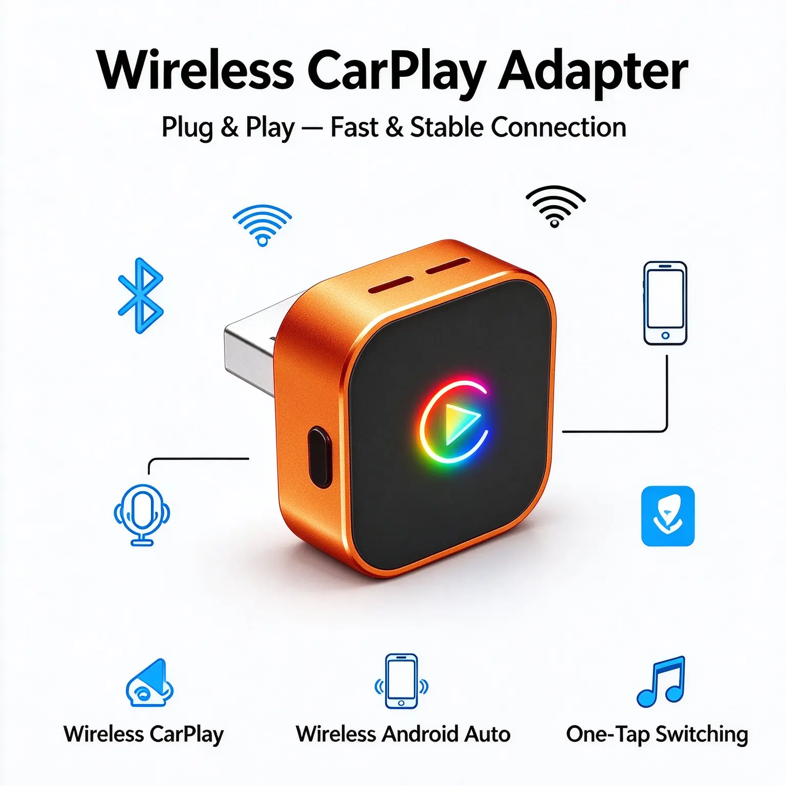 2026 Upgraded Wireless CarPlay Adapter for iPhone & Android Device Fast Auto-Connect, Stable Connection, Mini Size Plug，Apple iPhone & Android, 2-in-1 Adapter, Convert Wired to Wireless Dongle