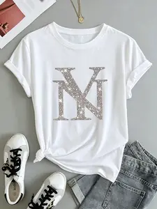 Women's Casual Short Sleeve T-Shirt, Ny Logo Print, Fitted H-Type, All Seasons, Lightweight, Fashionable, Womenswear