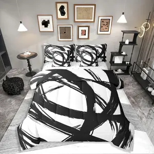 7Pcs Black and White Abstarct Bed in A Bag for Adult Women Men,Geometric Striped Comforter Set for Minimalists,Graffiti Aesthetic Lines Bedding Set