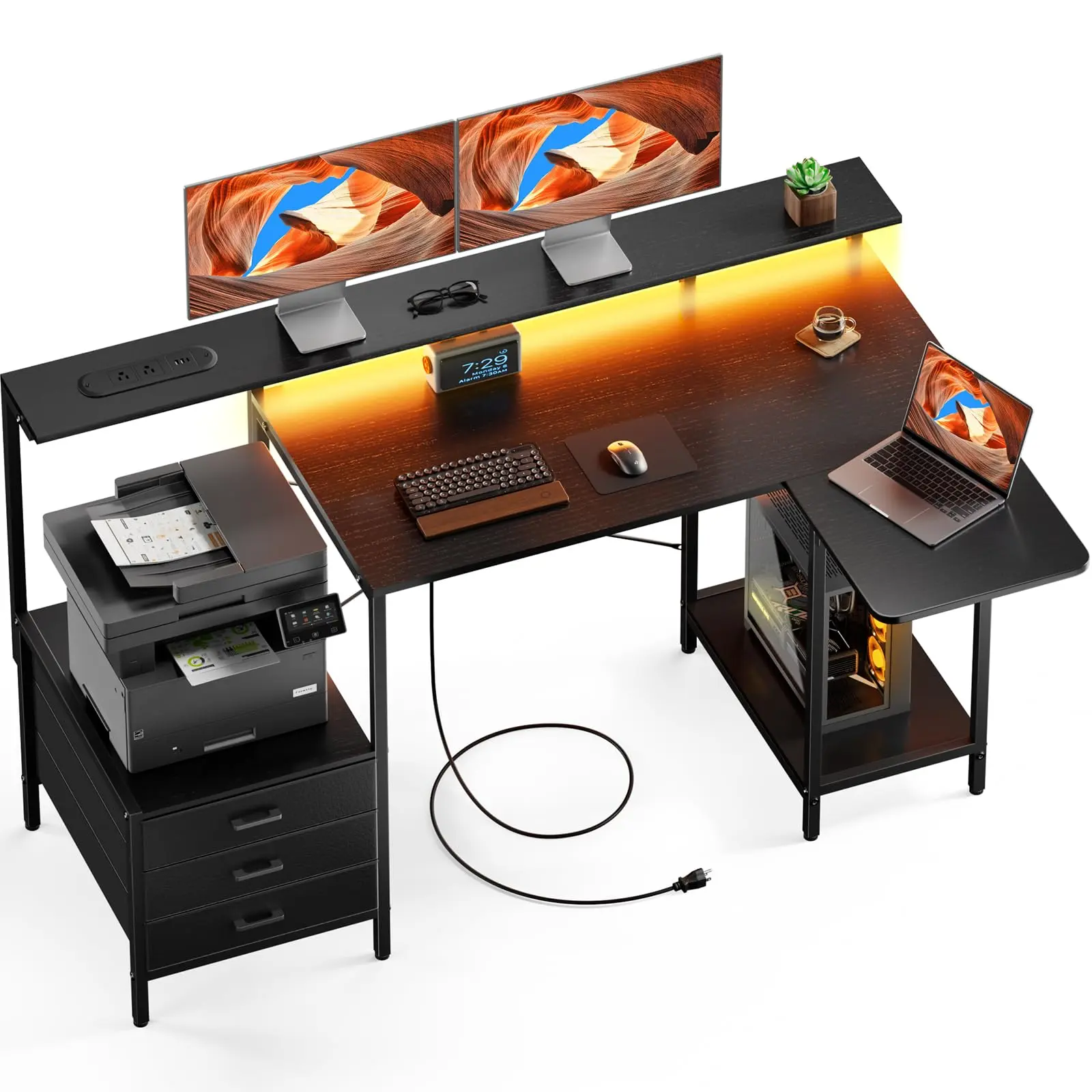 HLDIRECT 55 Inch Gaming Desk with Built-in Power Outlet & 3 Fabric Drawers, Computer Desk with LED Lights & Storage Shelves, Gaming Table with Monitor Stand and Foldable Tabletop (White) leather office summerwins