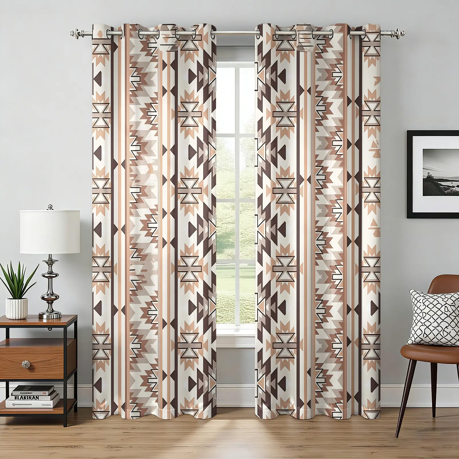 2 Panels Boho Southwestern Aztec Print Blackout Curtains Thermal Insulated Room Darkening Window Drapes with Neutral Tribal Geometric Pattern for Bedroom Living Room Nursery Apartment Western Farmhouse Home Decor Home Decoration Curtain