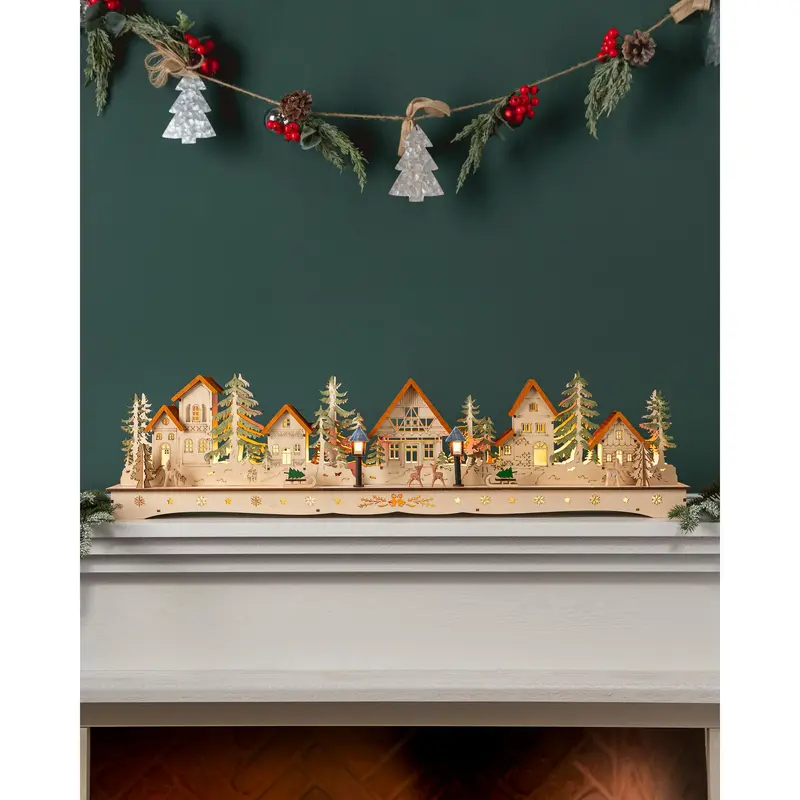 8" Natural Lit Wooden Christmas Mantel Village, Width 3.5" by Balsam Hill