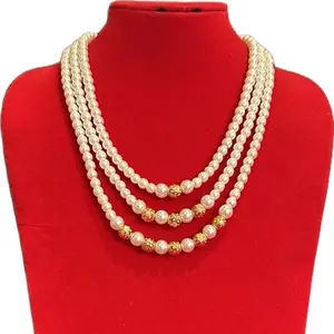 Women's 3-Layer Moti Mala Chain Jewelry Necklace, Costume Jewelry with Golden Center Beads & Pendant, Daily Wear Valentine Gift for Mom, Chain Jewelry Necklaces