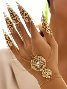 Women's Punk Style Rhinestone Decor Hollow out Design Mitten Bracelet, Trendy Matching Bracelet with Rings, Chic Goth Jewelry As Birthday Gift for Girlfriend for Party Decor, Rhinestone Decor Bangles, Gothic Jewelry, Gothic Witch Jewelry