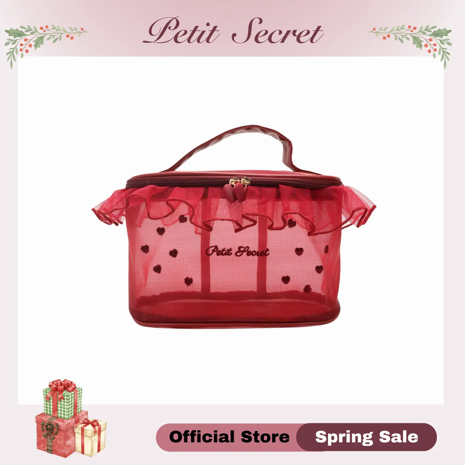 Petit Secret Large Meshed Embroidery Laced Makeup Bag, Cosmetic Pouch, Toiletry Bag for Makeup Enthusiasts & Travelers, Stylish & Practical Storage Solution