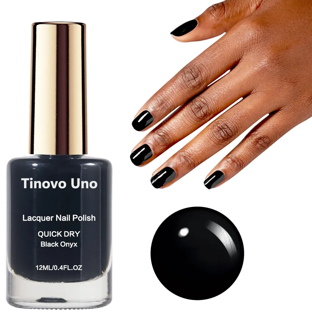 Tinovo Uno Black Onyx - 12ml Pure Black High Pigmentation Opaque Lacquer Nail Polish, Nail Care, Manicure, for Halloween DIY Nail Art, Alcohol-Free and Quick-Drying, Without Lamp Curing, Salon-Grade Nail Polish for Nail Art Enthusiasts