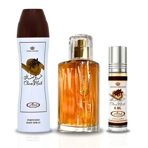 Choco Musk Perfumed Body Spray 200ml, Eau de Parfum Spray 50ml & Roll-On 6ml by Al Rehab | A Decadent Scent Bundle Featuring Vanilla & Chocolate for a Sweet Scent Experience (Bundle)
