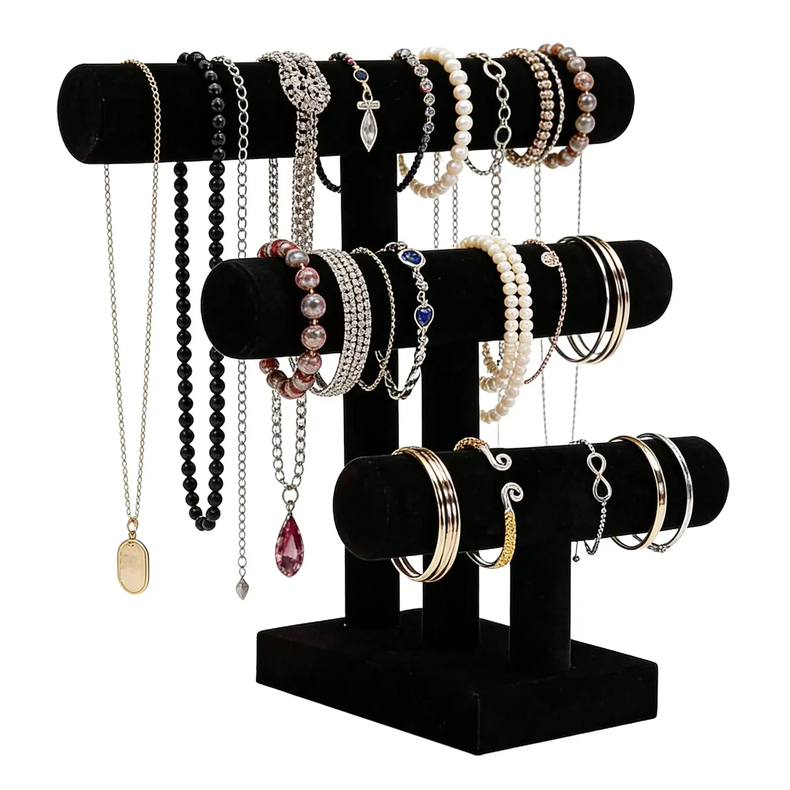 Wudygirl Velvet Bracelet Organizer 3-Tier Jewelry Stand for Bracelets Watches and Necklaces Women's Gift for Girls Black Durable Storage Box Multi-Level Design, Multilayer Storage, Desk Storage