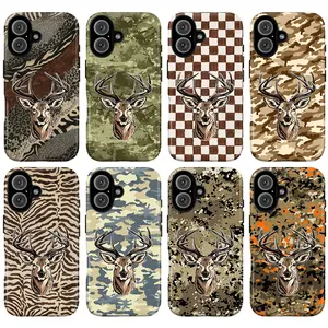 Camouflage Phone Case, Hunting Wildlife Theme Antlers Central Animal Print Checkerboard Zebra Reptile Splatter Nature Inspired Artistic Retro Collage Aesthetic Gift Fashion Vibes, iPhone 17 16 15 14 13 12 Pro Max Plus,Galaxy S26 S25 S24 S23 S22 S21 Ultra,