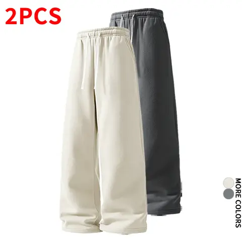 Men's 2-Pack Solid Color Knit Wide Leg Bottoms - Loose, Baggy, Drawstring Adjustable Waist, Elastic Waistband, Fluid Drape, Straight Cut Athletic Long Pants (Black + Black) for Home, Casual Wear